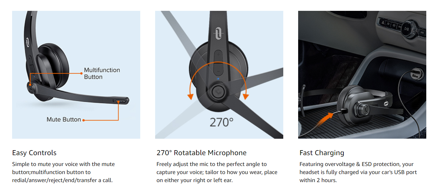 TaoTronics Professional Trucker Bluetooth Headset with Microphone